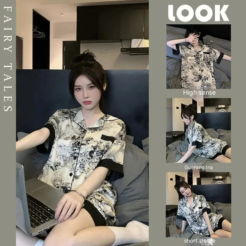 Pajamas Women Summer New Short-Sleeved Shorts Pajamas Set Imitation  Ink Painting Cute Casual Pajamas Homewear Suit