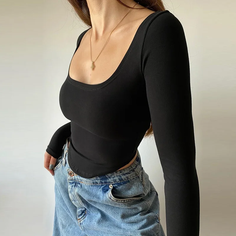 

Knitted O Neck Long Sleeved Inner T-shirt for Women Sexy Exposed Navel Slim Fitting Short Top for Girls Lady Spring Elastic Top