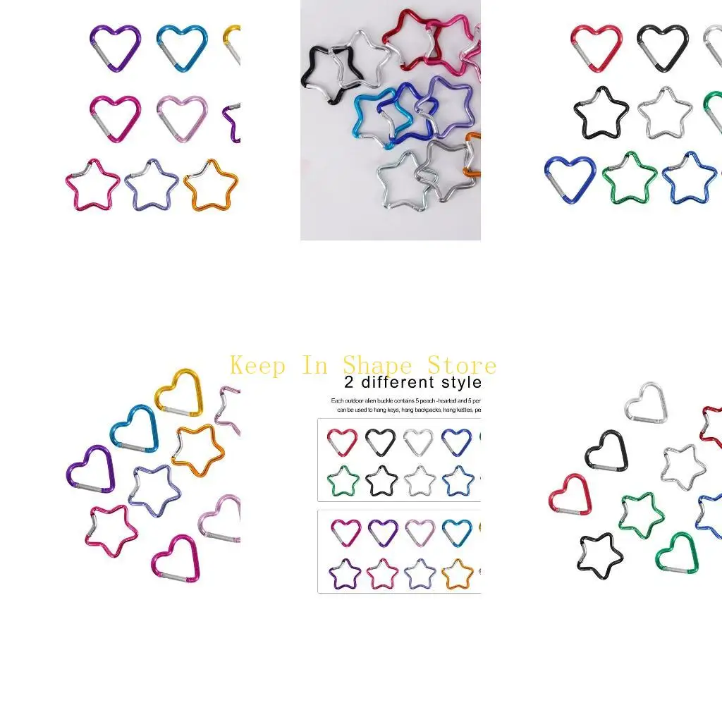 U1JC 10Pcs Heart Star Spring Clip Aluminum Alloy KeyRings Hanging Buckle Carabiner Keychains Bag Clip Hook Connectors