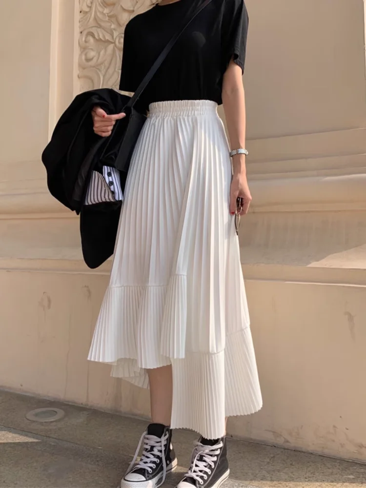 

Irregular Hem Pleated Skirt Women's Spring Autumn Mid-Length High Waist Slimming Loose A-Line Skirt Casual Sweet Sle