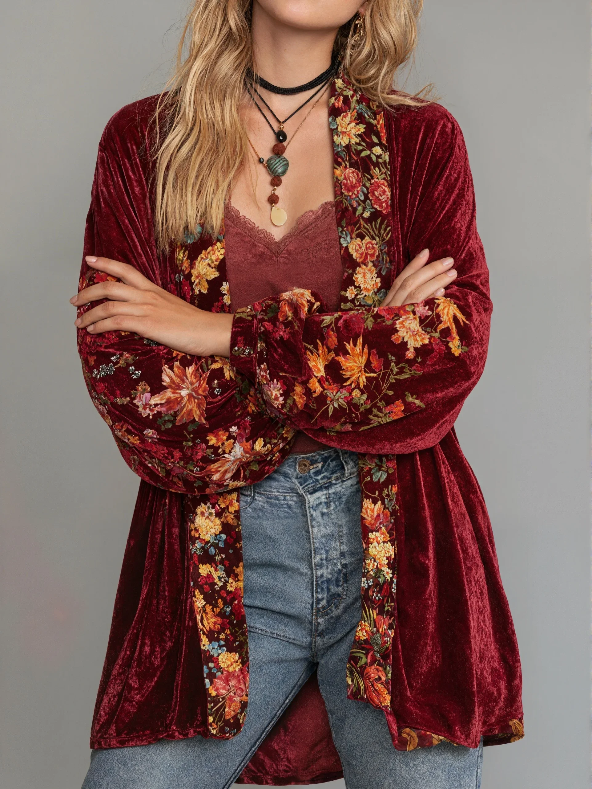 

Velvet Floral Jacket for Women's Lantern Sleeve Cardigans Vintage Casual Autumn Long Sleeve Outerwear Jacket 2025
