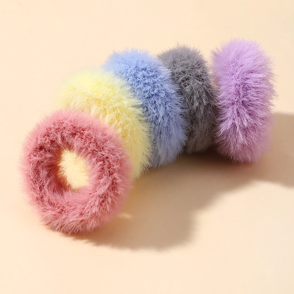 5pcs/bag Girls Mini Colorful Plush Hair Ring Fat Intestine Ring Baby Cute Hairy Head Rope Furry Rubber Band Hair Accessories