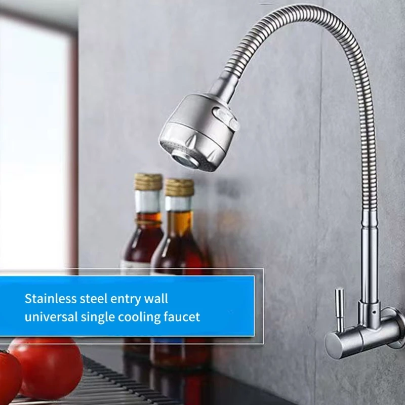 

Steel Wall Mount Kitchen Tap with 360 Rotates Head Single Cold Water Tap Modern Steel Kitchen Tap Quick Installation