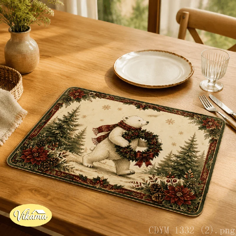VIKAMA Christmas Placemat Polar Bear Wreath Winter Print, Waterproof Oil-Proof Heat-Resistant Non-Slip Holiday Table Mat
