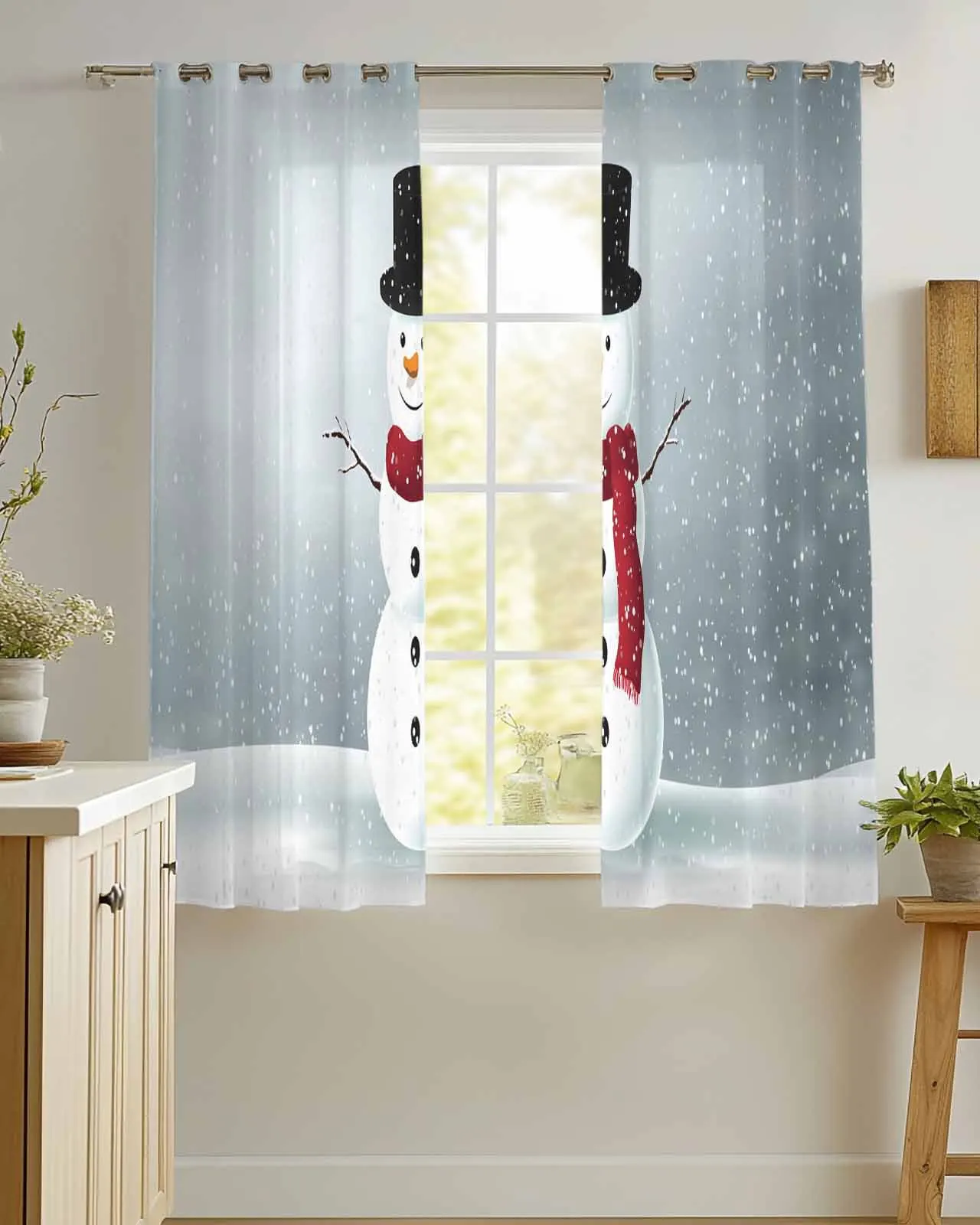 

Retro Christmas Snowman Pattern Sheer Curtains for Living Room Bedroom Kitchen Window Tulle Curtain Voile Drapes Home Decor