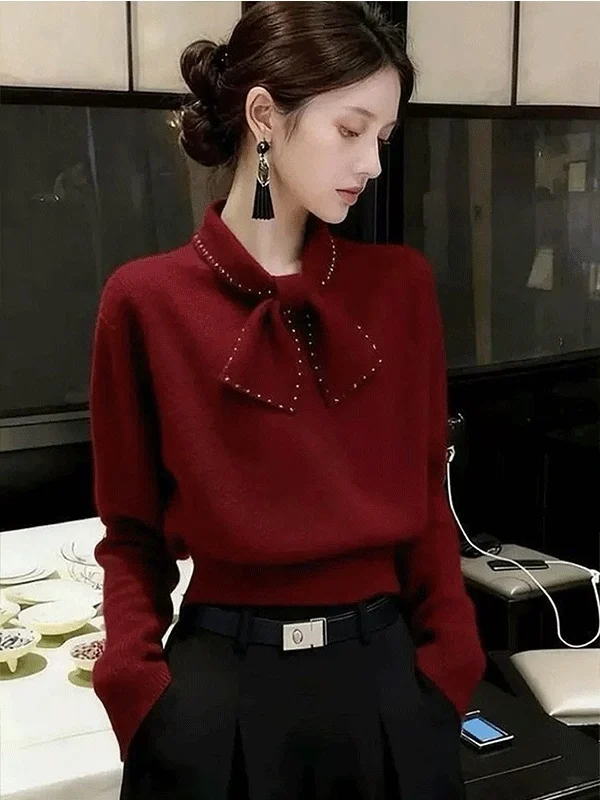 Retro Wine Red Bow Tie Knitwear Women's Autumn Winter Long Sleeve Fashionable Versatile Elegant Style Commute Fashion