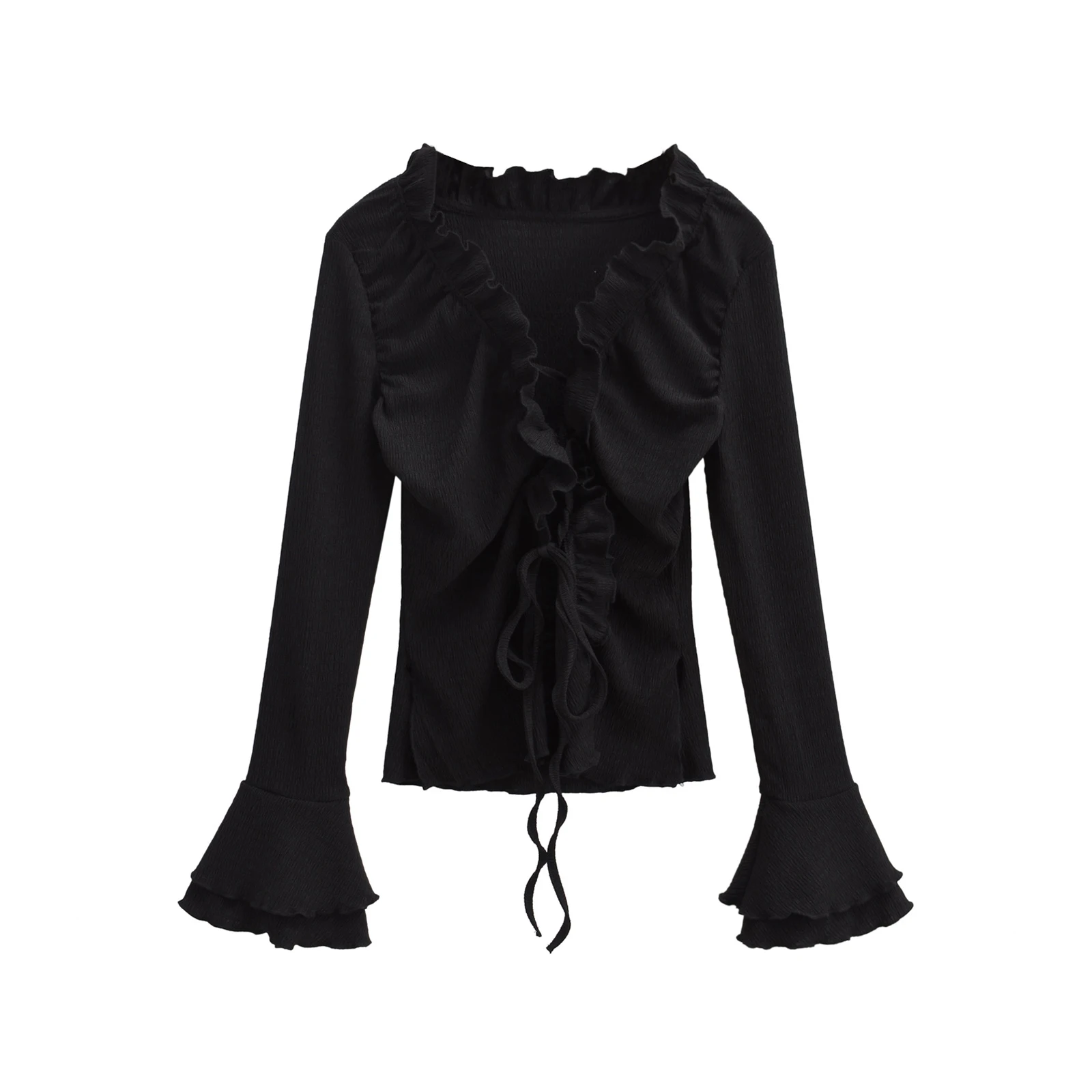 White crop top women long sleeve top v neck ruffle blouses women 2023 Fall fashion front tie flare sleeve top ruched black