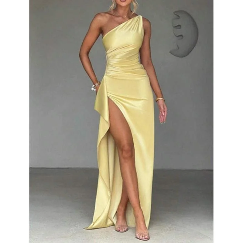 

Women's Long Gown Pure Color Satin Single oulder Pleated Cross-Border New Sle Casual Sport Suit Seven Sve T-irt or...