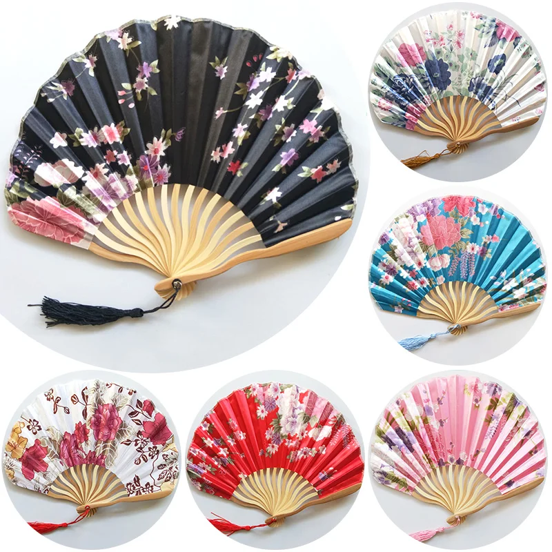 Flower Print Hand Fold Fan Woman Dance Props Wedding Living Room Cabinet Decor Bamboo Wood Silk Flower Folding Fan