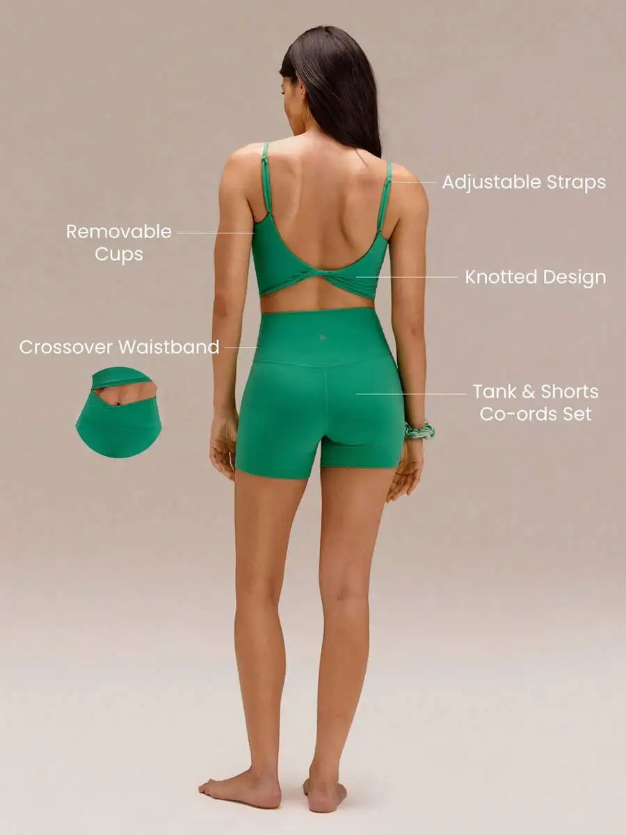 

Twisted Backless Tank Top And Biker Shorts Set With Removable Cups Adjustable Straps Crossover Waistband