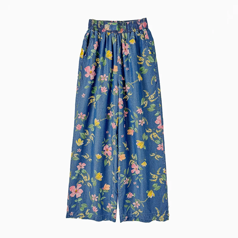 夏用超薄リヨセルデニムカジュアルハイウエストストレートレッグワイドレッグパンツレディースルーズフィットトラウザーズ万能ストレートパンツ...