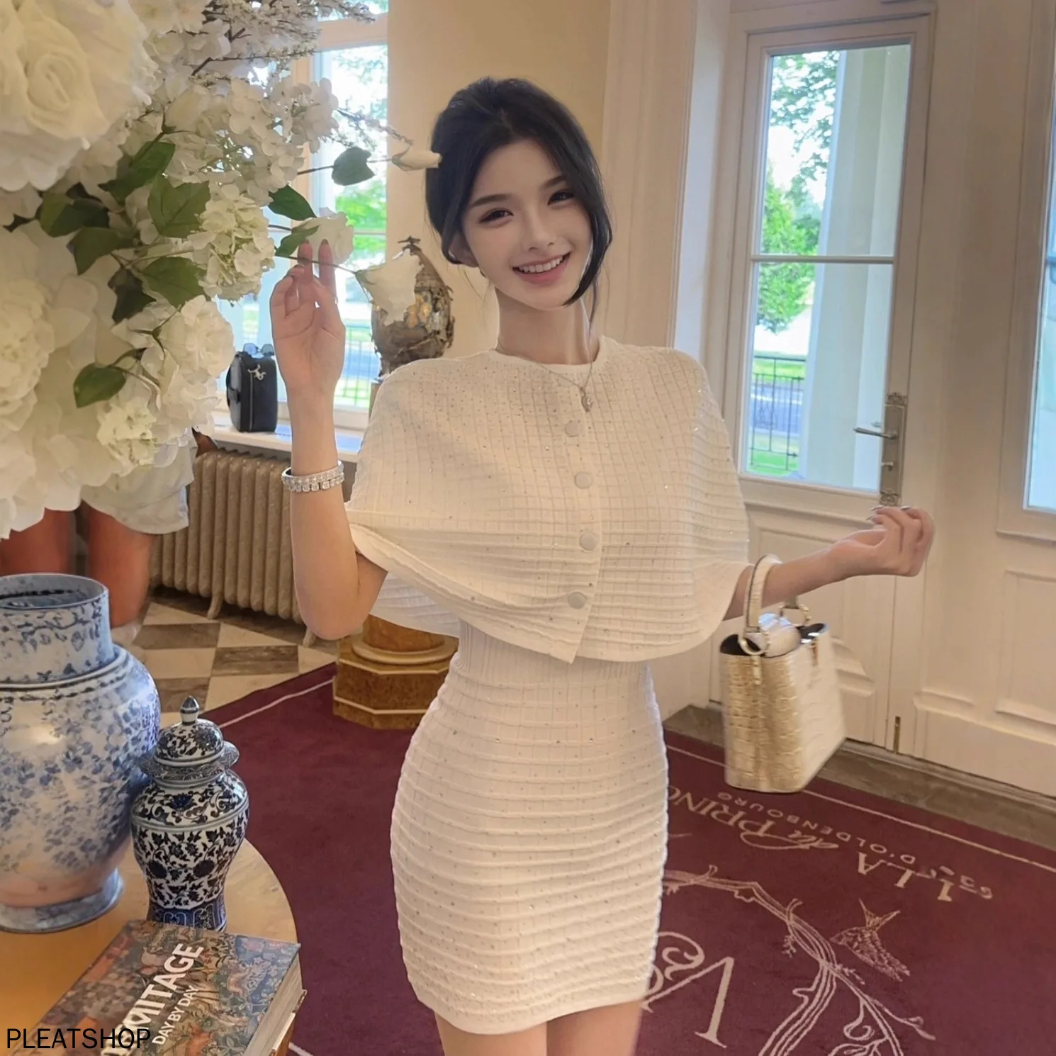 

25ss Autumn New Arrival Elegant Black Cape Knitted Jacket and Dress Two-Piece Set