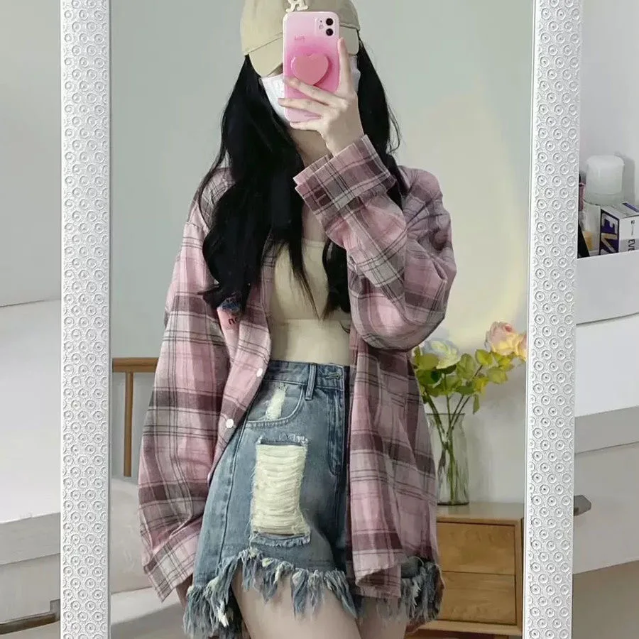 Women's Plaid Blouse Long Sleeve Check Shirt Green Pink Tops Female Basic Cheap Women's Korean Fashion Reviews Many Clothes