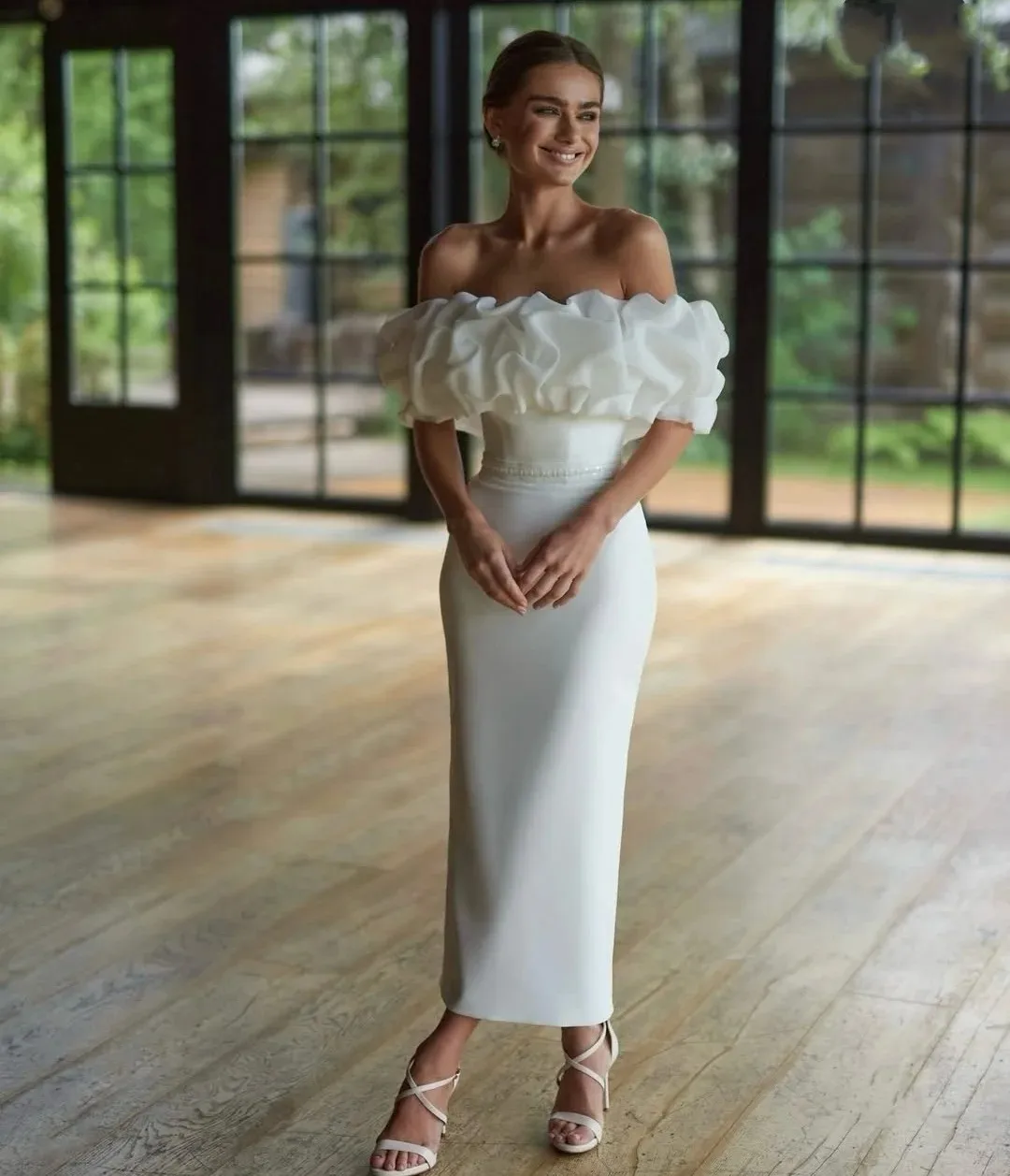 Robe De mariée fourreau élégante, épaules dénudées, volants, longueur cheville, en Satin, robes De mariée