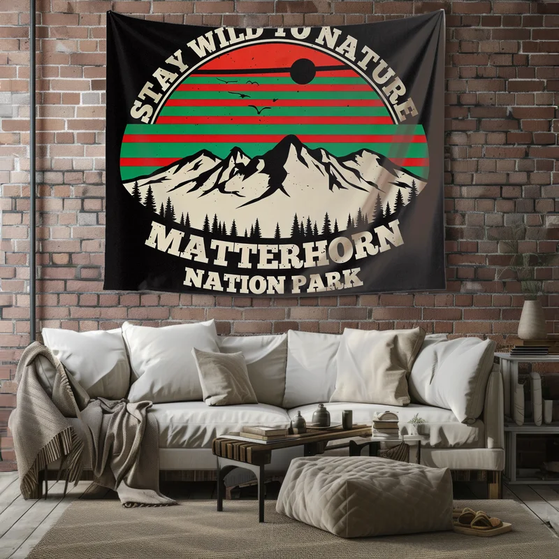 VIKAMA Tapiz de pared con gráfico vintage del Matterhorn, manta con fondo de rayas retro del parque nacional Wild Nature