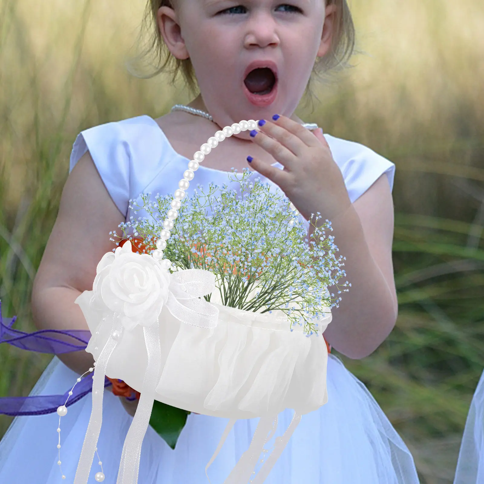 

Classic White Flower Girl Basket Cloth Material Lightweight Portable Handle Perfect for Wedding Petal Storage and Display