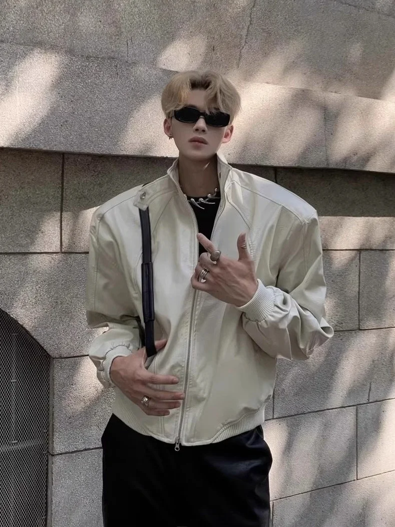 

American Retro Motorcycle ort Jaet Stand Collar Men's Loose oulder Padded Spring Autumn High Sensation Leather Coat