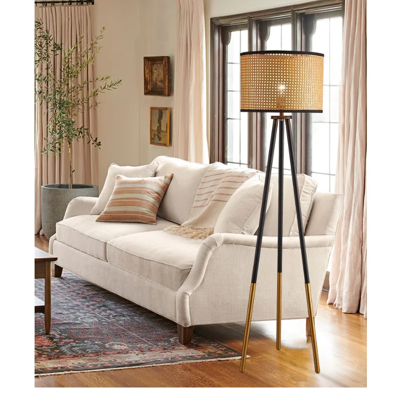 Creative Handmade Rattan Lampshade Led Floor Lamps for Living Room Sofa Study Remote Control Dimmer Standing Lamp Home Decor