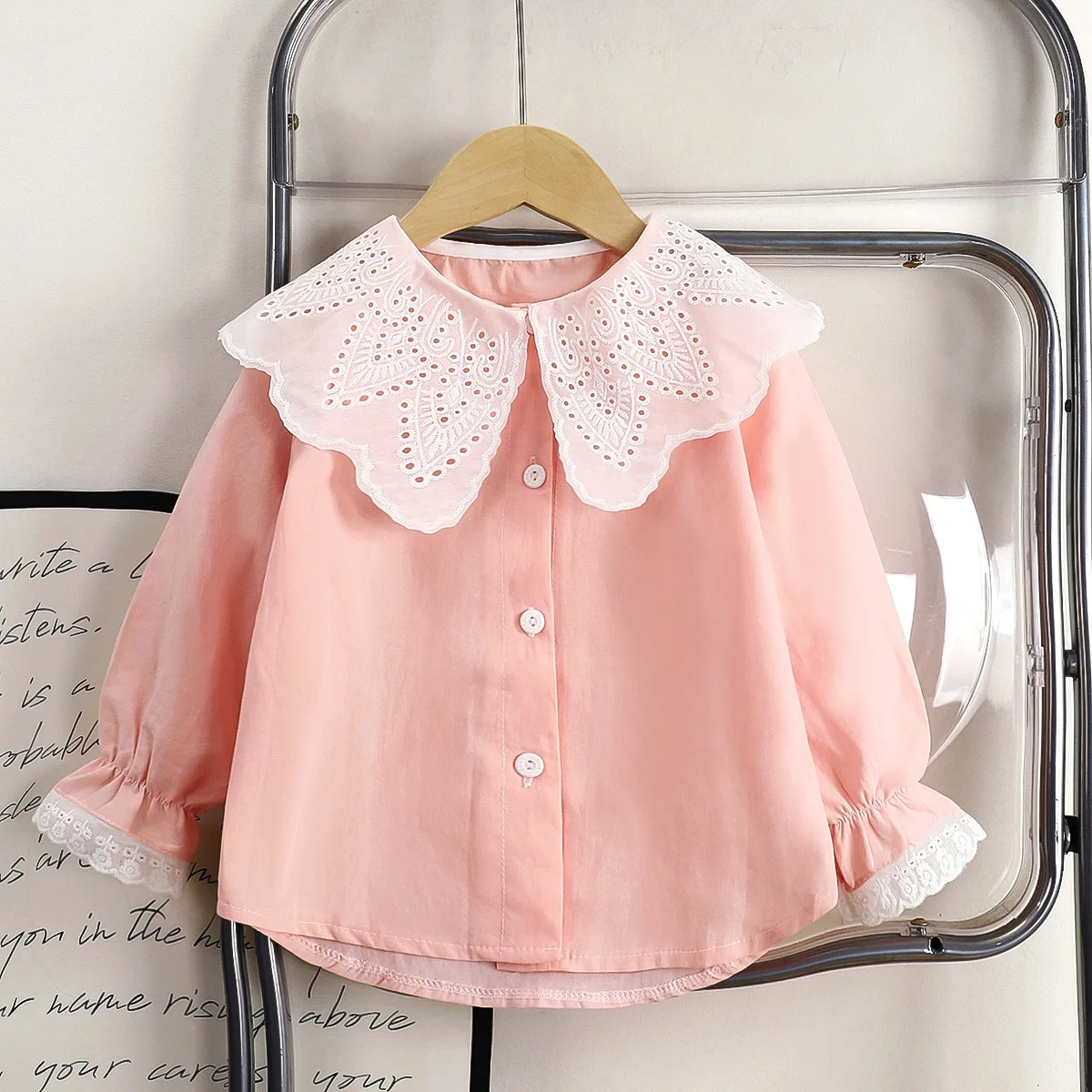 

New 2025 Girls Spring Fashion Blouse Shirts Baby Girl Sweet Long Sleeve Lace Trim Lapel Princess Shirt Toddler Casual Clothing