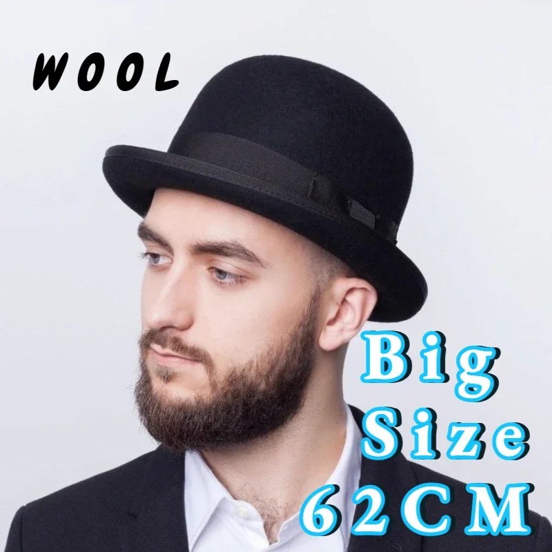 

100% Wool Bowler Hat for Men Big Size 62cm Fedoras for Women Dress Up America Derby Hats Kids and Adults Costume Victorian Hats