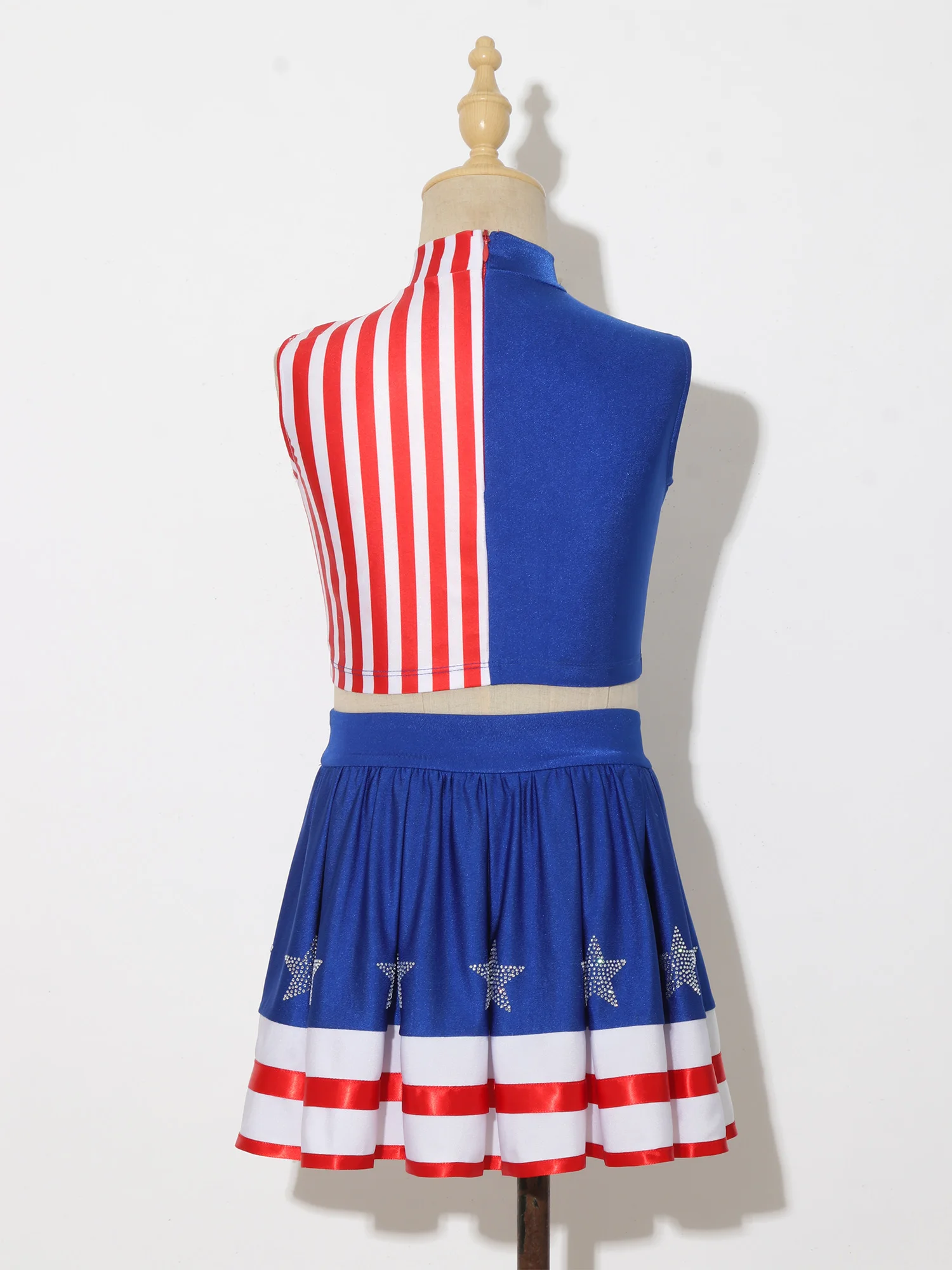 Cheerleading-Outfit für Kinder und Mädchen, Kostüm zum Unabhängigkeitstag, gestreiftes Crop-Top mit Rock mit Strass-Sternen, Pompons, Socken und Kopfbedeckung – Detail 11