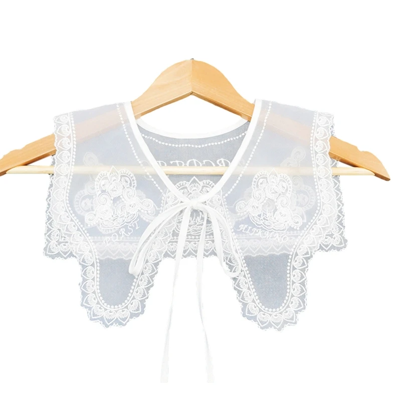 

Women Double Layer Mesh Irregular Detachable Collar Shawl Vintage Embroidery Floral Alphabet Letter Lace-Up Cape Scarf