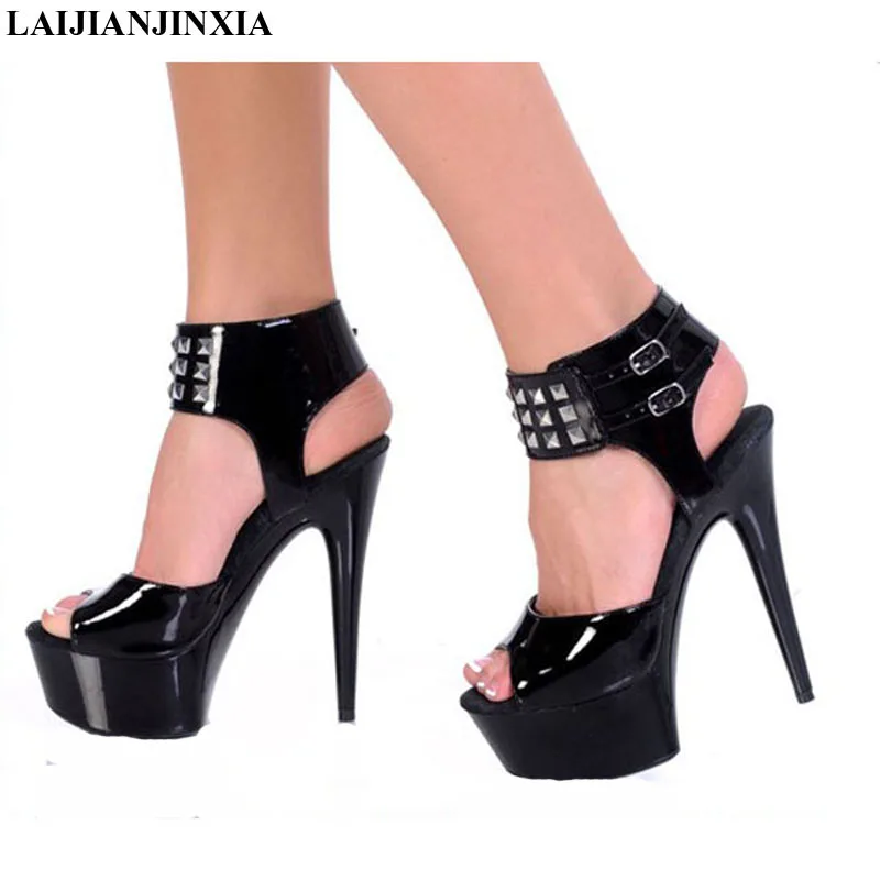 

LAIJIANJINXIA New PU Sexy Exotic Pole Dancing Shoes Summer Women Sandals 15CM High Heels Buckle Strap Size 34-46 H314