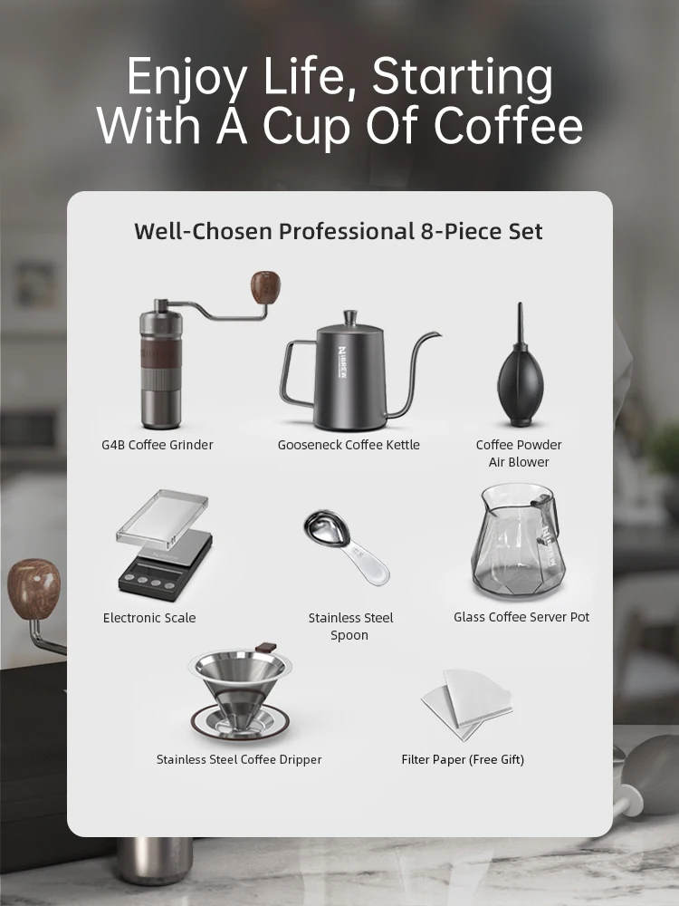 HiBREW verser sur les bouilloires à café moulin à café manuel cafetière ensemble de 8 pièces