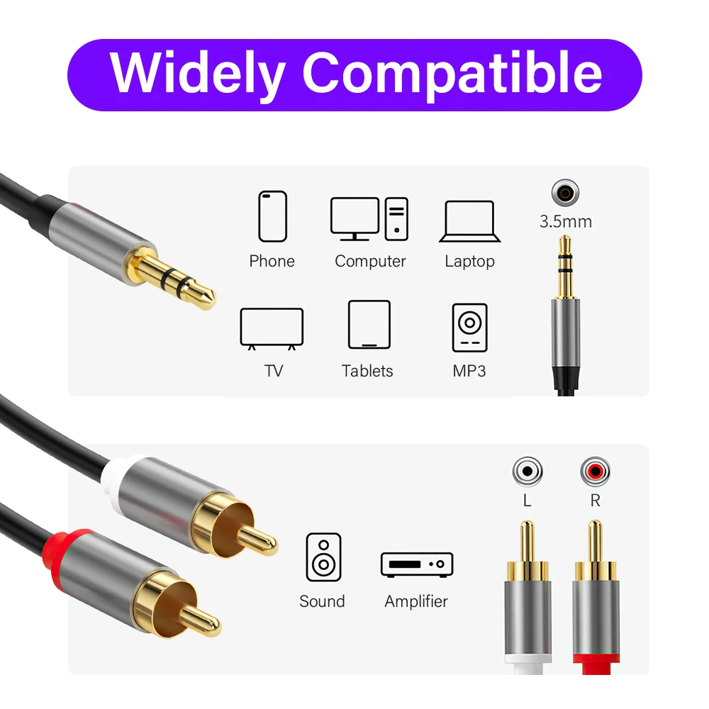 Gold plated 3.5 mm To RCA Jack Auxiliary 3.5mm 3 Pole Adapter Cable For Mobile Phone Headphones TV AUX Wire Hifi Audio Connector