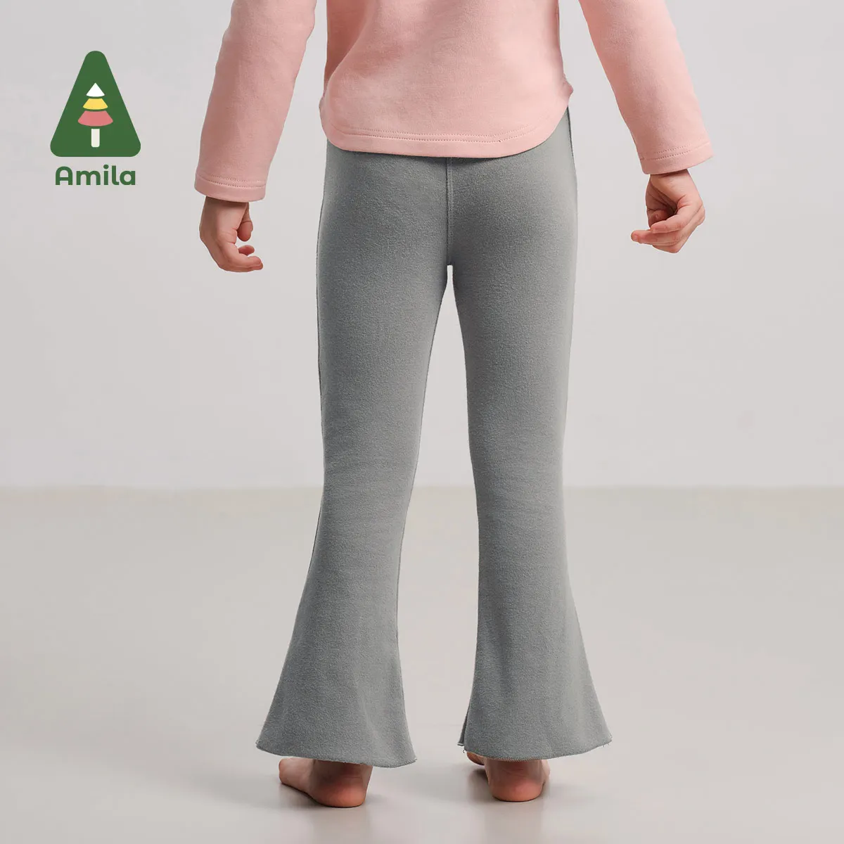 Amila Baby Trousers 2024 Autumn New Style Girls Solid Color Basic Versatile Slightly Flared Slit Slim Children's Leggings