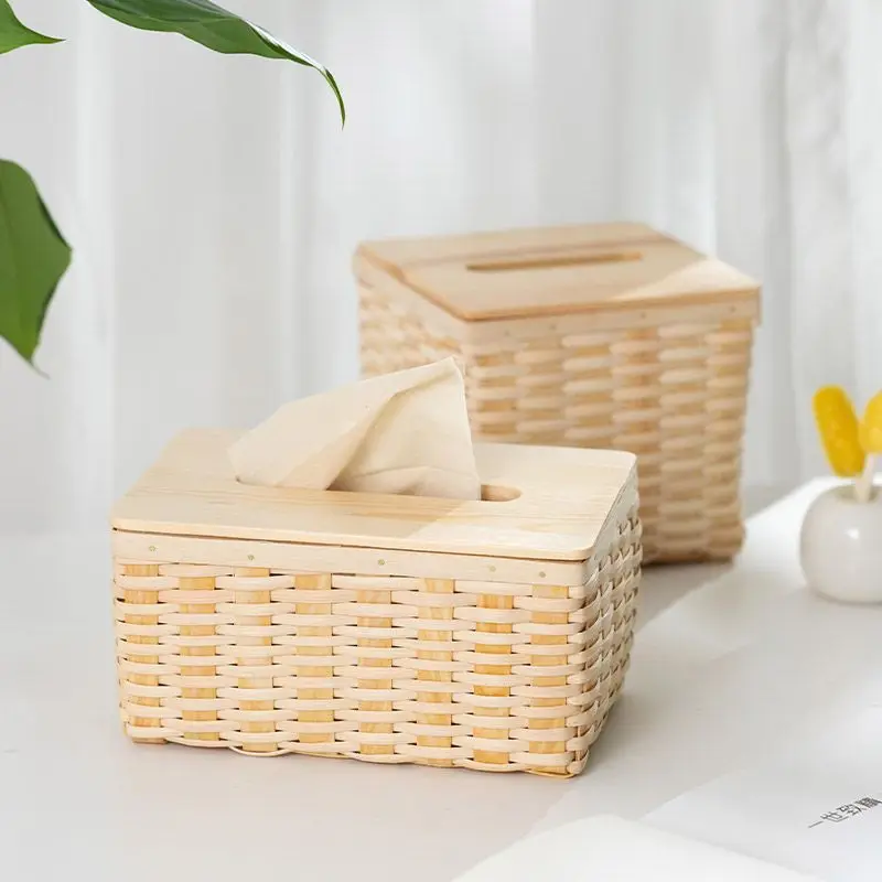 

Creative Wood Chip Rattan Woven Tissue Box Desktop Cosmetic Storage Box Removable Tissues Container Home Living Room Decoration