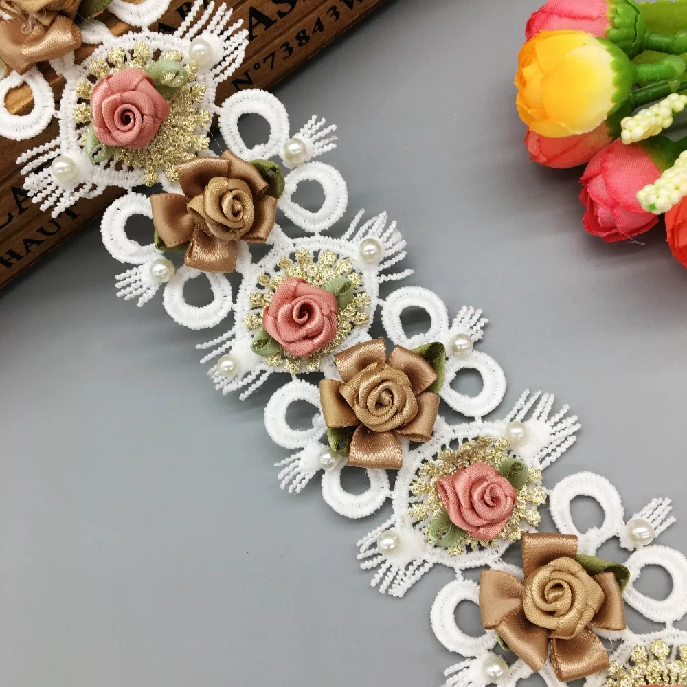 1Yard 3D Colorful Flowers Pearl Lace Trim Embroidered  Ribbon Fabric Handmade Beaded Sewing Craft For Costume Hat Decoration