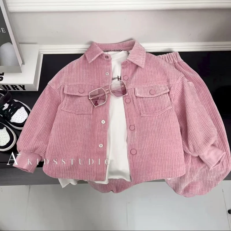 

Children's Set 2025 New Baby Boys Casual Spring Autumn Fashion Girl Corduroy Pink Long Sleeved Jacket + Pants 2pcs Set Outfits