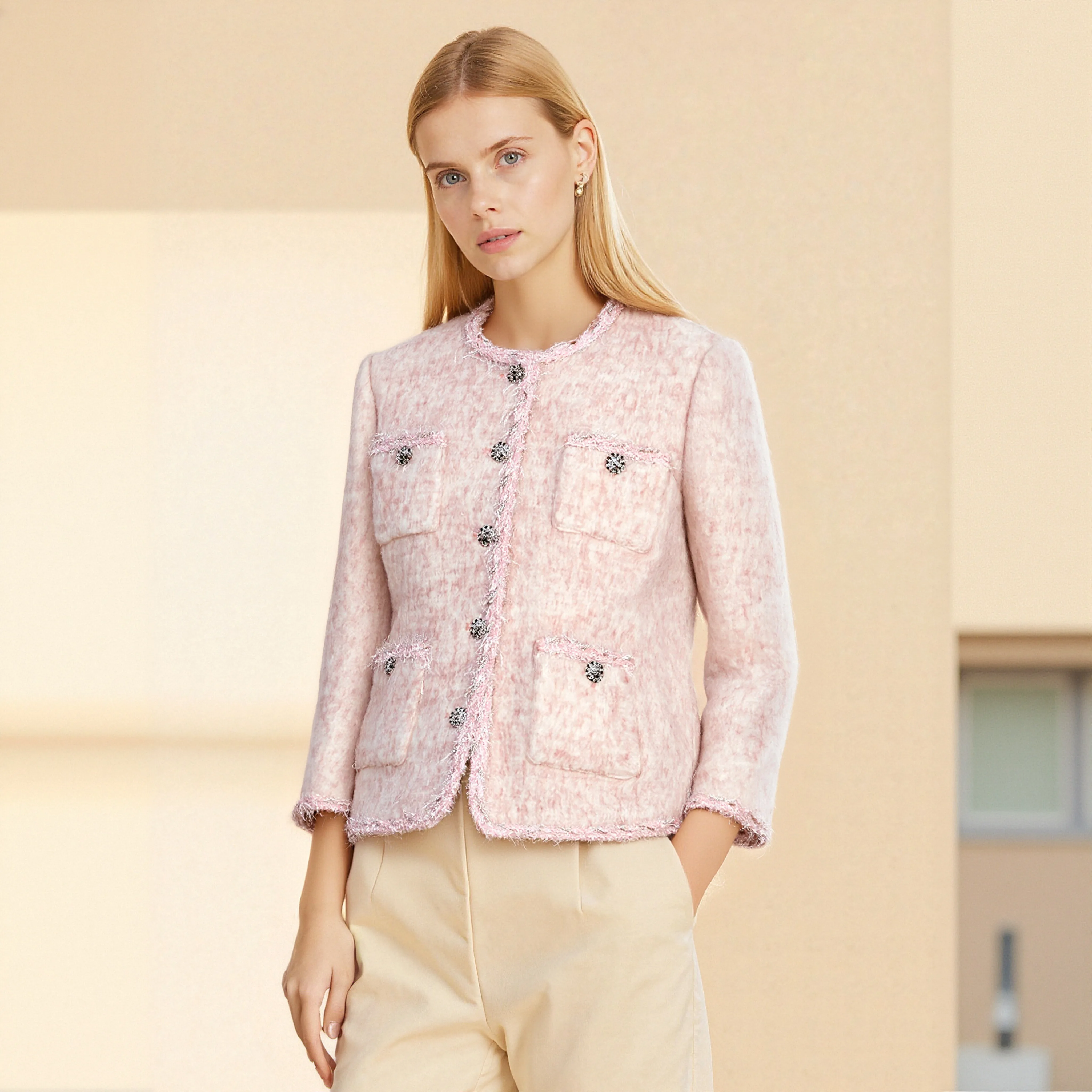 

Pink Tweed Wool Jacket Elegant Comfortable Fashion Lady Top New Arrival