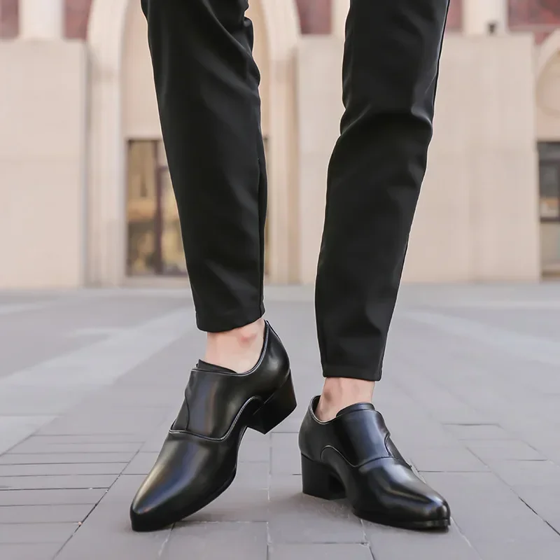 Echt Leer Herenschoenen Zakelijke Mannen Kleding Schoenen Ingelegd 6 Cm Slip Op Puntschoen Man Oxfords Klassieke formele Schoenen Voor Mannen