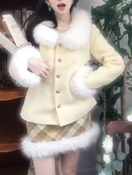 Winter France Vintage Sweet New 2 Piece Set Women Fur Chic Coat + Slim Plaid Skirt Design Elegant Fashion Fairy Party Suit 2024