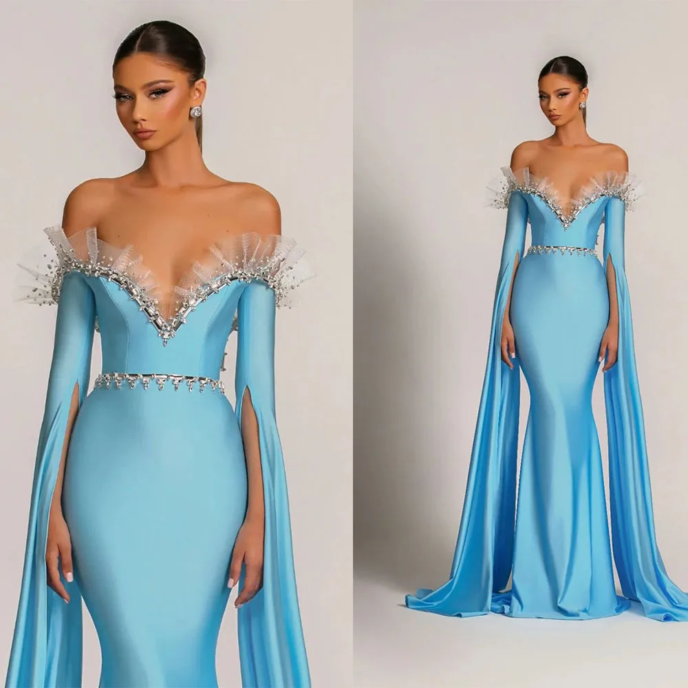 Einfache Abendkleider Off Schulter Prom Kleid Strass Lange Ärmel Schlank Meerjungfrau Party Kleider Vestidos De Noche