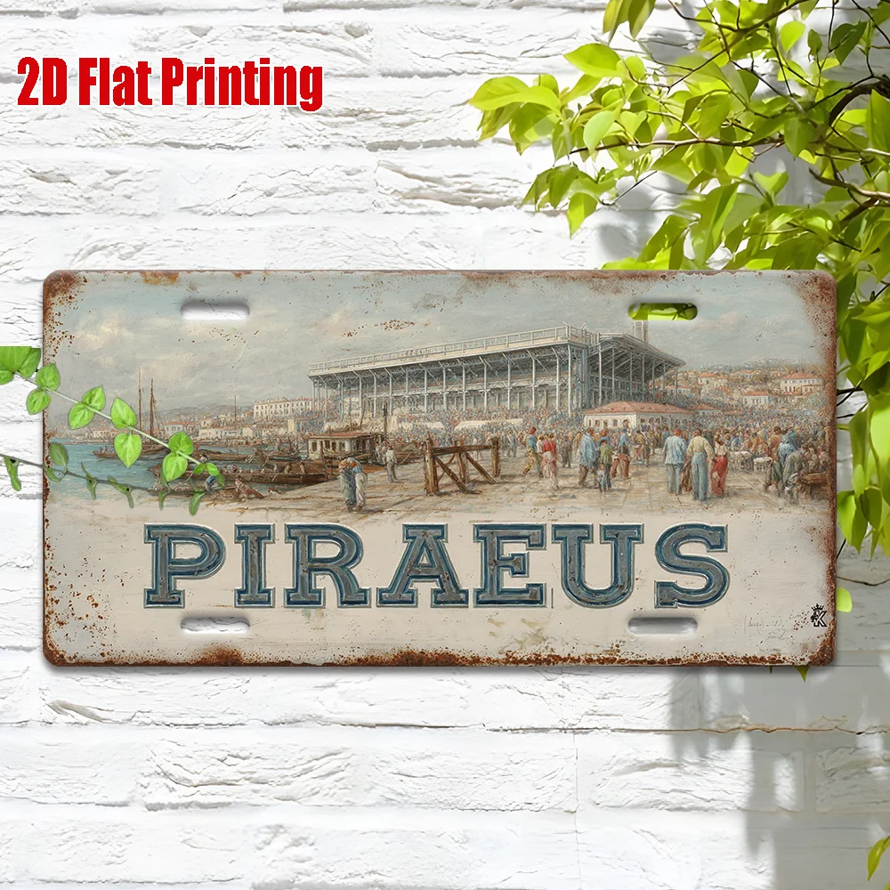 2D Flat, 1 Retro Metal Tin Sign- 30.48cm x 15.24cm Retro Greece Piraeus Port Wall Art, Durable Aluminum Outdoor/Indoor Decoratio