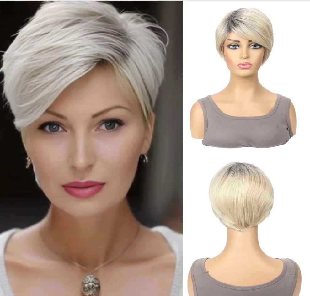 

Synthetic Short Mixed Light Blond Straight Wigs with Bangs for Women Daily Wear Cosplay Costum Fake Hair