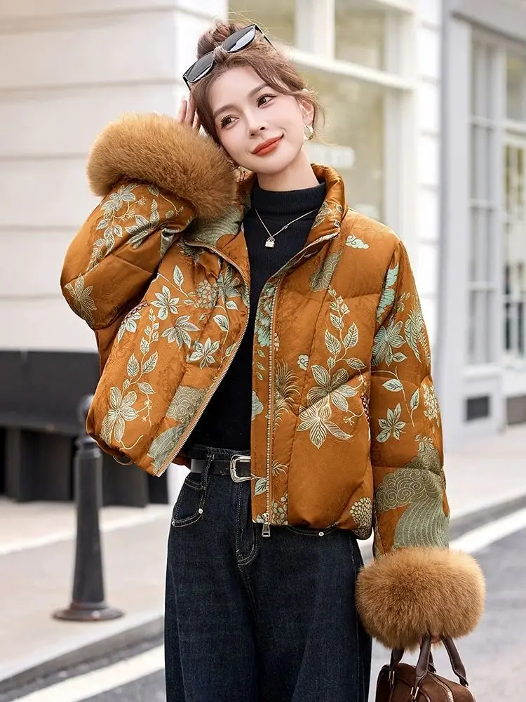 Luxury High Quality Down Jacket Warm Winter Women White Duck Down Coat Fur Patchwork Long-Sleeve Outerwear Vintage Print Top Zip
