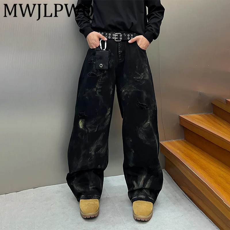 

MWJLPWQ Мужские рваные джинсы в американском стиле RO с граффити, свободные широкие брюки High Street Destroy Design, осень 2023, 21294