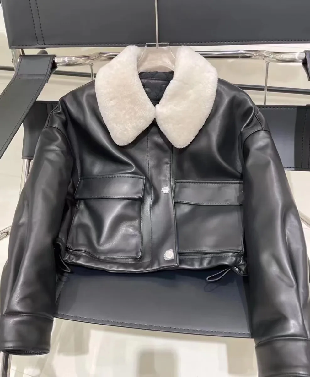 2024 Winter Fashion New Genuine Sheepskin Leather Jacket Lamb Fur Lapel Retro Loose Real Leather Jacket E2