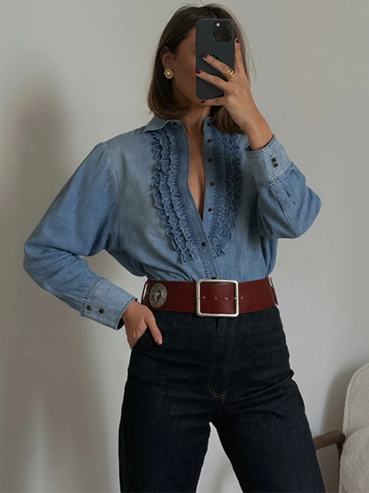 

Retro Chic Lady Denim Lapel Ruffles Shirts Single-breasted Tassel Slim Jeans Tops Solid Elegant Office Work Fit Casual Shirt
