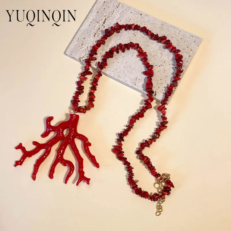 New Vintage Retro Bohemian Long Necklaces for Women Multilayer Red Coral Beads Thick Chain Pendant Necklace Big Fashion Jewelry