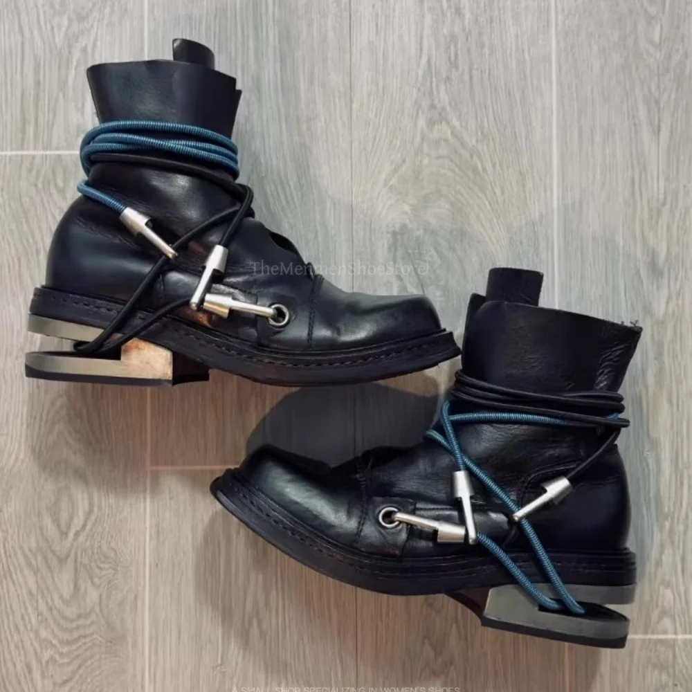 

Metal Thick Heels Short Leather Boots for Man Cable Hiking Hooks Decorative Motorcycle Boots 90S Vintage High Top Shoes Size 46
