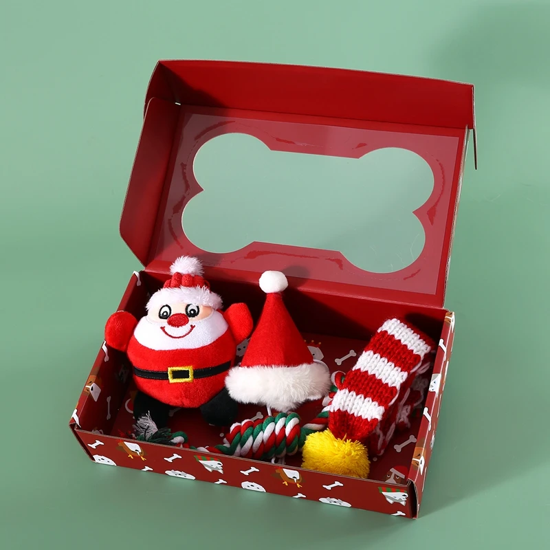 Christmas Pet Dog Wool Stripe Scarf Hat Toy ，Gift Box Striped Scarf Hat  Santa Claus Penguin Toys Gift DogChristmas Gift Box