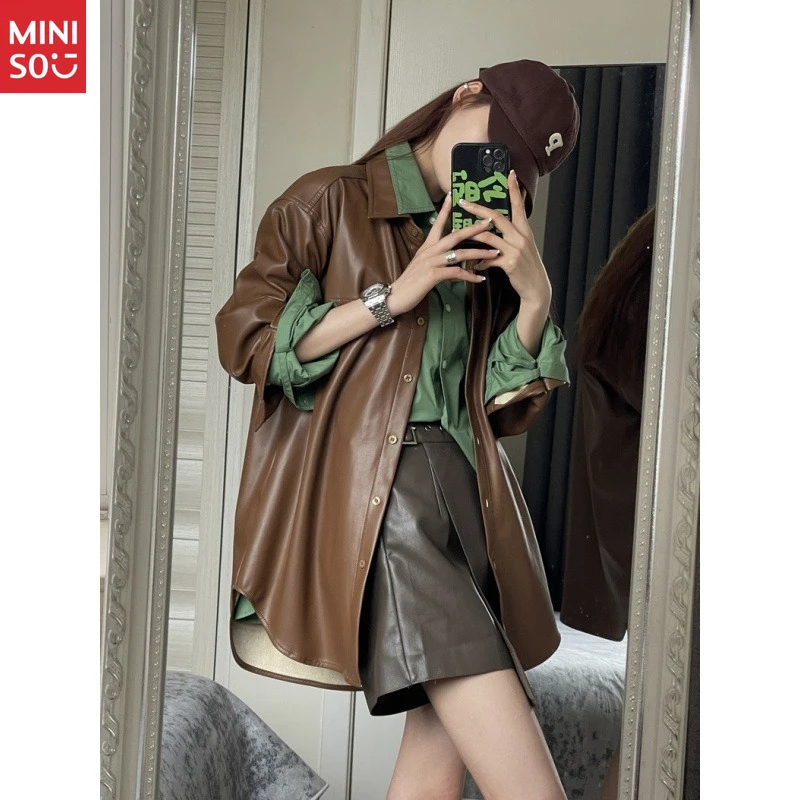 

Miniso Vintage Polo Leather Jacket, 2025 Milady Brown Coat, Loose Casual PU