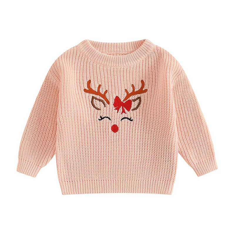 

Toddler Girl Christmas Sweater Reindeer Embroidery Pattern Long Sleeve Crew Neck Chunky Knitwear