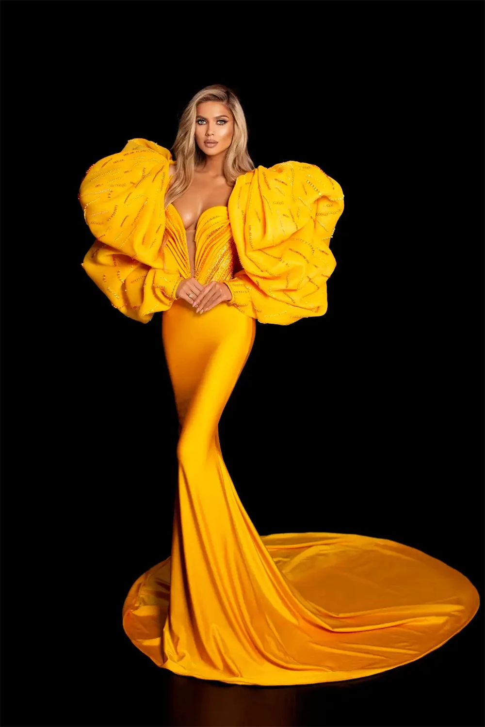 

Picturesque Yellow Mermaid Arabic Evening Dresses Beads Puff Long Sleeves Dubai Luxury Dress Woman 2025 Party Gowns Customized