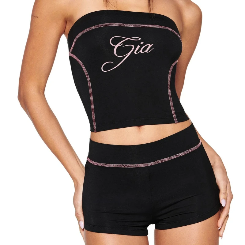

Strapless slim fit letter printed open line design vest dopamine summer sexy top set y2k